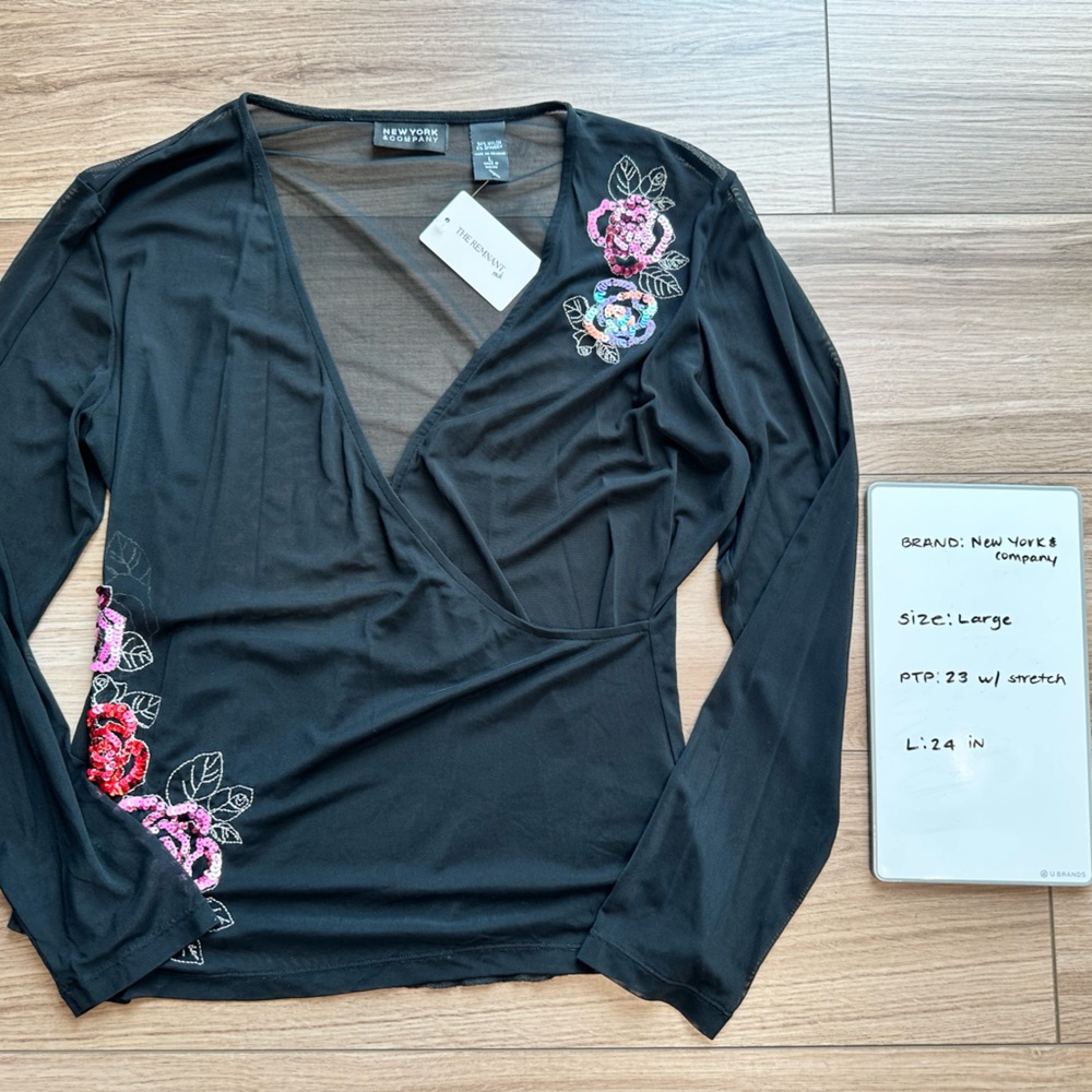 Vintage Y2K Fairy New York & Company Black Mesh Wrap Blouse with Pink Sequins - Picture 13 of 13